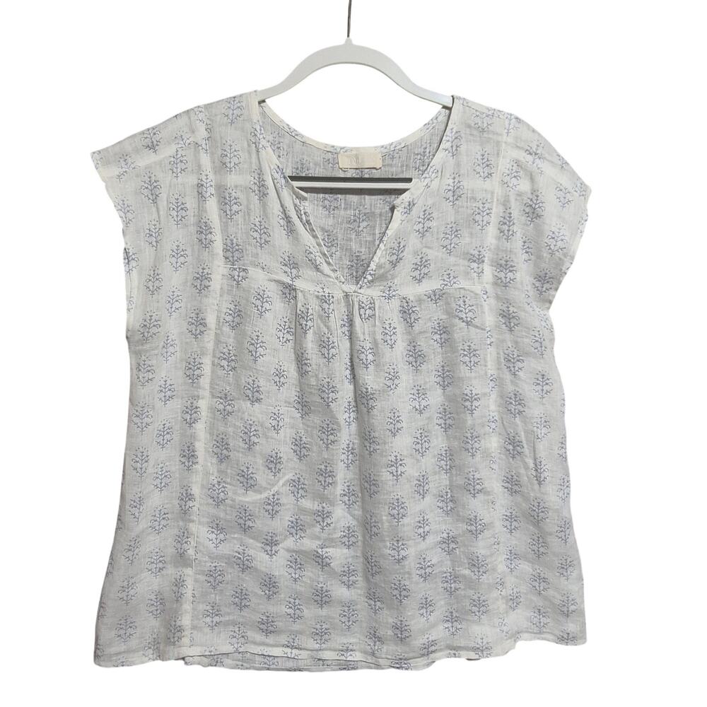 CP Shades Linen Cap Sleeves Shirt Small White Blue Spring Coastal Lagenlook